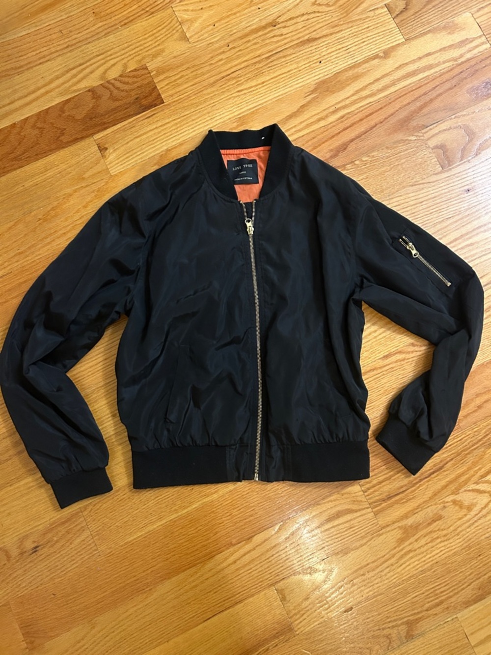 Love Tree Black Bomber Jacket with Orange Lining Large (also fits small-medium)